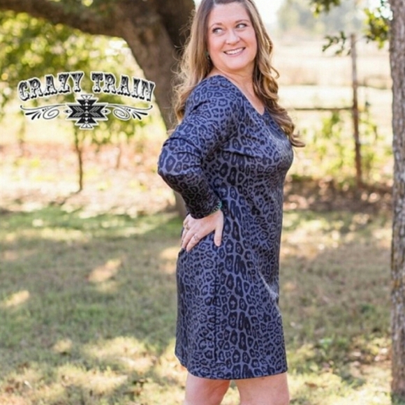 Crazy Train Western Black & Gray Leopard Longsleeve Midi Dress Strappy Back - Picture 9 of 10